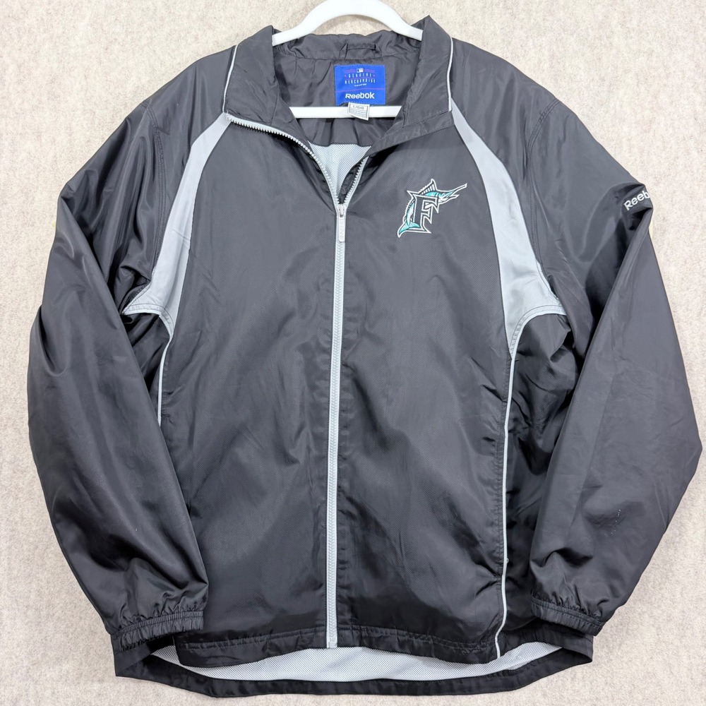 Vintage Florida Marlins Reebok MLB Windbreaker Jacket Mens Large Black Full Zip